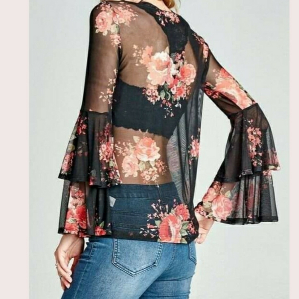 Sheer See Through Blue Floral Top Blouse Long Flare Sleeve - Picture 4 of 9